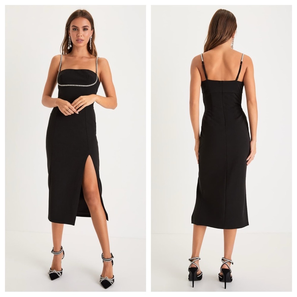 Lulus Upscale Flirt Black Rhinestone Sleeveless Bodycon Midi Dress